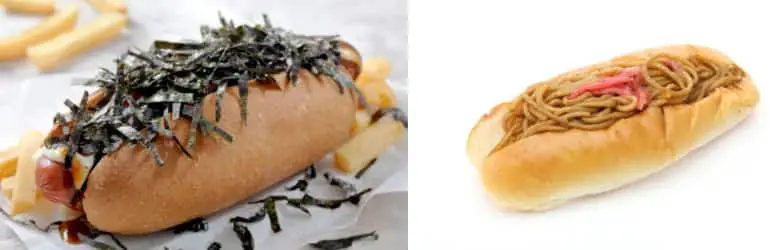 D'autres recettes de Hot Dog au Japon, à gauche avec des feuilles de nori et à droite avec des yakisoba