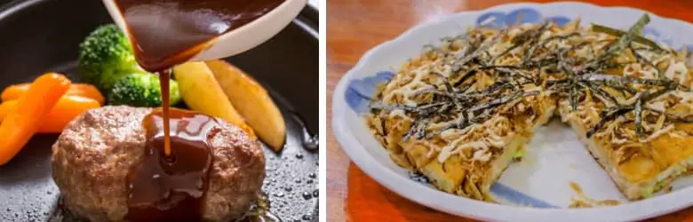 A gauche : Hambagu, steak à la japonaise. A droite, une pizza aux poulets teriyaki et nori