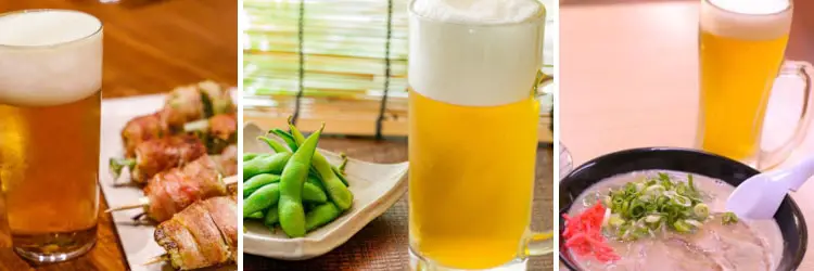 Bières japonaises avec des plats japonais : ramen, edamame, yakitori